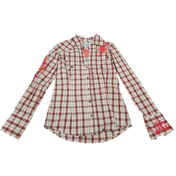 Panhandle Slim Embroidered Plaid Enamel Snap Button Up Women's Western Shirt S - Picture 1 of 10
